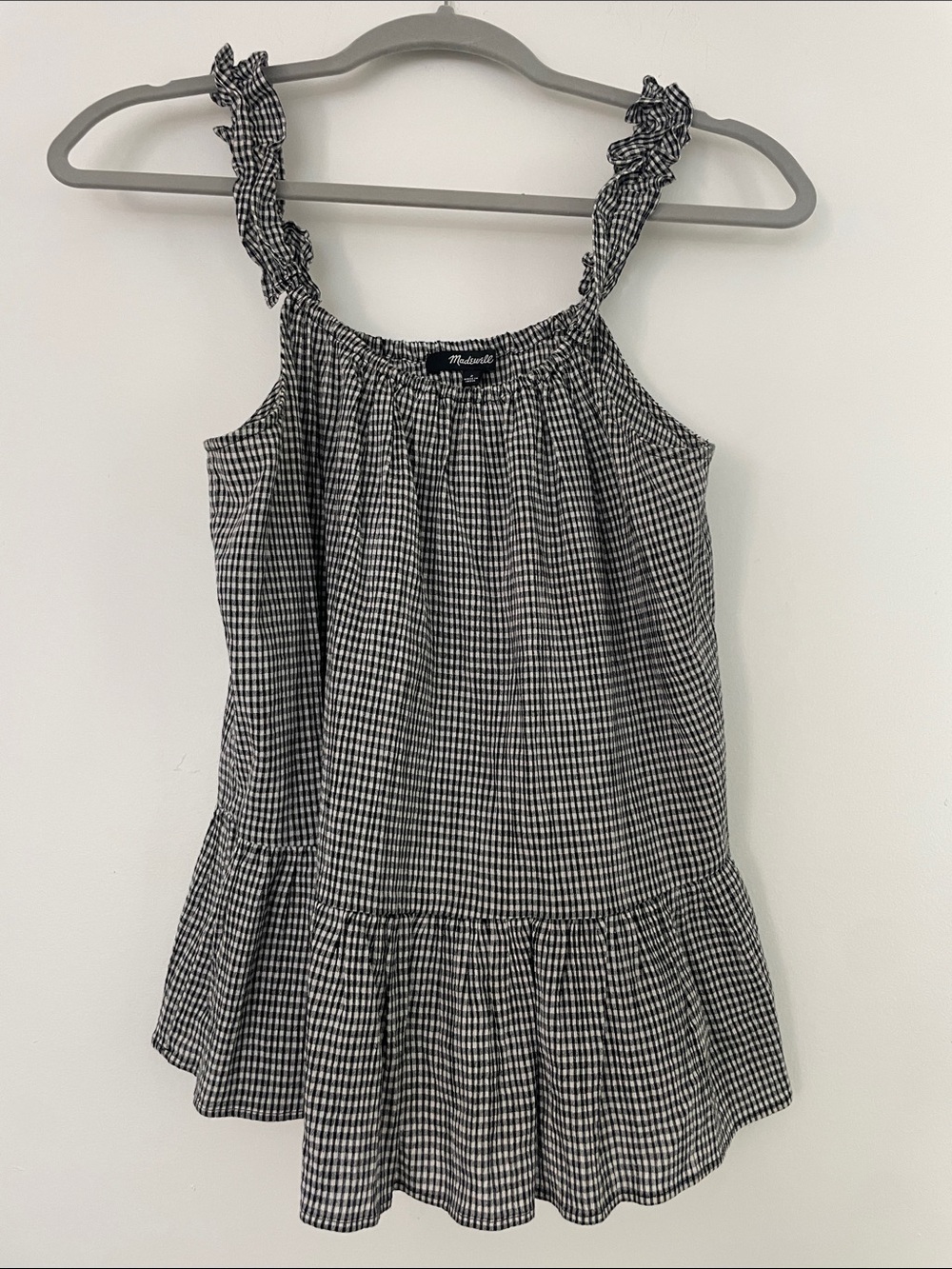 Madewell Black & White Gingham Ruffle-Trim Top